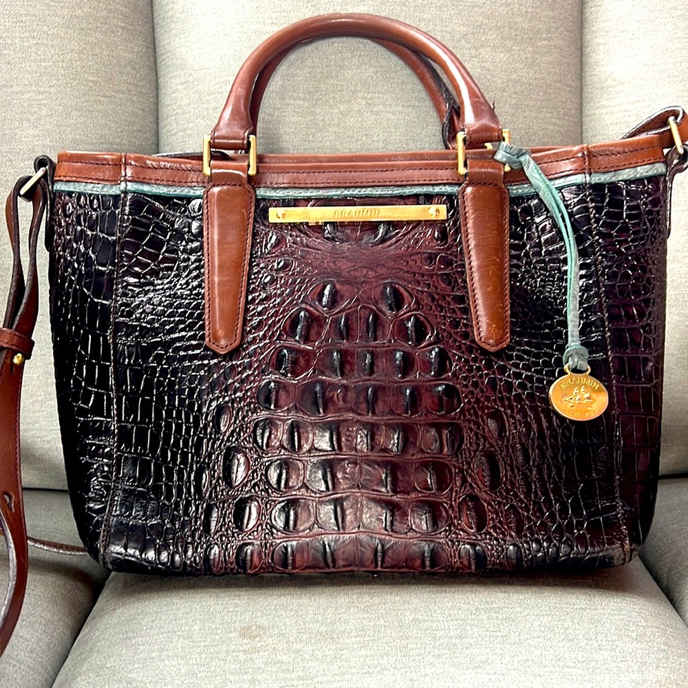 Beautiful, multicolor Brahmin crocodile leather luxury crossbody top handle bag